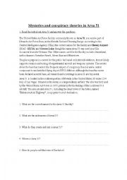 English Worksheet: Reading about Area 51 - Mysteries and conspiracy theories.