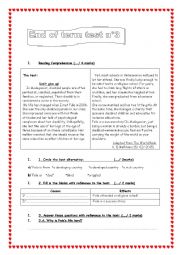 English Worksheet: End of term test n° 3 ( 9th form)
