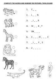 Complete the words and number the pictures. Then colour