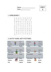 English Worksheet: wordsearch & match word with picture -FAMILY- fast learners