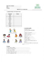 English Worksheet: Test about plurals, family members, free writing, etc