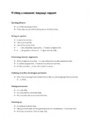 English Worksheet: Comment writing - language support