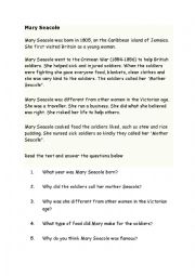 English Worksheet: Mary Seacole Reading Comprehension