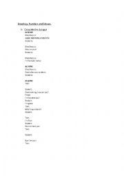 English Worksheet: Dialogues, greetings, school objects, colours and numbers