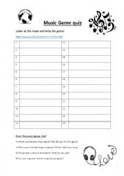 English Worksheet: Music Genre Quiz and Song