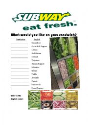 SUBWAY Sandwich Vegetable 1 of 2 Worksheets