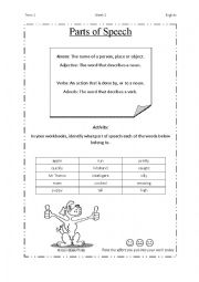 English Worksheet: Parts of speech: Nouns, verbs, adjectives and adverbs