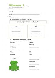English Worksheet: days, months, seasons, face and body voacabulary revision