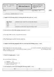 English Worksheet: Mid-term Exam n1Level 4th Year 2007