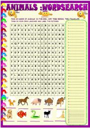 English Worksheet: Animals ; wordsearch with key