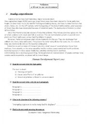 English Worksheet: Pollution, a threat to our environment
