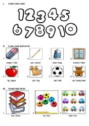 English Worksheet: review colours, numbers, some toy word, preposition ....