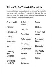 English Worksheet: Im thankful for (Speaking Activity)