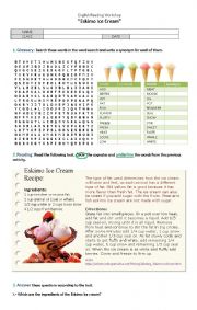 English Worksheet: Eskimo Ice Cream Recipe - Reading Activity