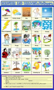 English Worksheet: Weather  and seasons :pictionary and questions