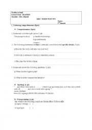 English Worksheet: Mid term test n1 First form