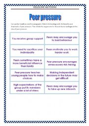 English Worksheet: Peer pressure reading with key
