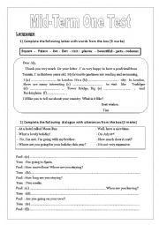 English Worksheet: Mid-term one test