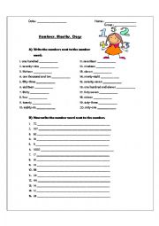 English Worksheet: Days, Months, Seasons, Numbers