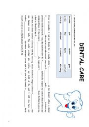 English Worksheet: Dental care (activities + dental vocabulary + answers)