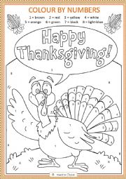 English Worksheet: Thanksgiving: colour by numbers