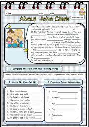 English Worksheet: fill in the text and answer true or false