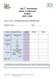 English Worksheet: First Report test - 11 advanced - Based on narrative text
