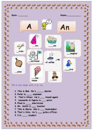 English Worksheet: A - An activity