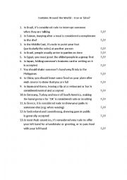 English Worksheet: Customs Around the World - True or False?