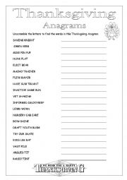 English Worksheet: Thanksgiving Anagrams