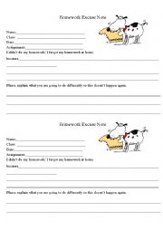 English Worksheet: Homework Excuse note