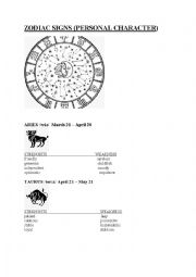 English Worksheet: ZODIAC SIGNS (Personal charcter) 