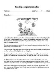 English Worksheet: JANS BIRTHDAY PARTY