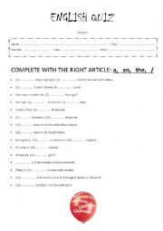 English Worksheet: Mini quiz on articles