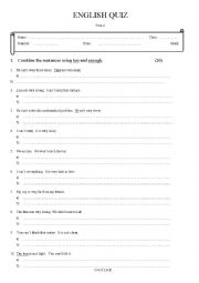 English Worksheet: Mini quiz on too - enough