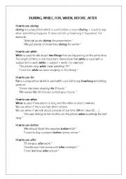 English Worksheet: before, after, while, when, during 