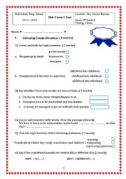 English Worksheet: Mid term 1 test 9th Form