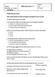 English Worksheet: Mid-term test 1   1st form