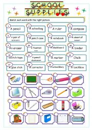 English Worksheet: school supplies match