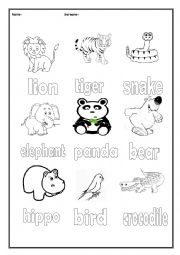 English Worksheet: Animals Trace and Colour!