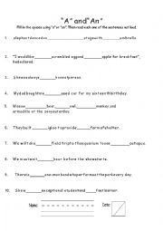 English Worksheet: Singular a, an