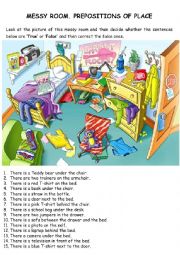 English Worksheet: MESSY ROOM. PREPOSITIONS OF PLACE