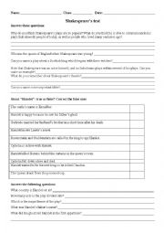 English Worksheet: testing shakespeare and his Hamlet