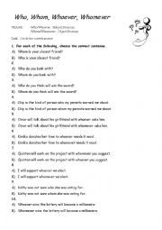 English Worksheet: Who, Whom, Whoever, Whomever