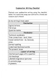 English Worksheet: Explanation Writing Checklist
