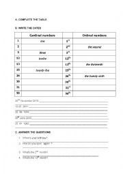 English Worksheet: Cardinal and ordinal numbers