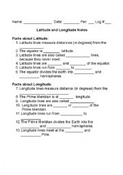 English Worksheet: Facts About Latitude and Longitude Notes