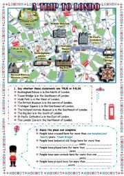 English Worksheet: A trip to London (2 pages+B/W version+Key)