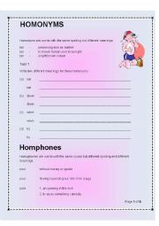 English Worksheet: Homophones and Synonyms