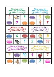 English Worksheet: Bingo game with colours and numbers